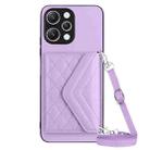 For Xiaomi Redmi 12 4G Rhombic Texture Card Bag RFID Phone Case with Long Lanyard(Light Purple) - 1