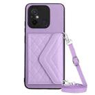 For Xiaomi Redmi 12C / 11A Rhombic Texture Card Bag RFID Phone Case with Long Lanyard(Light Purple) - 1