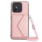 For Xiaomi Redmi 12C / 11A Rhombic Texture Card Bag RFID Phone Case with Long Lanyard(Rose Gold) - 1