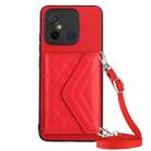 For Xiaomi Redmi 12C / 11A Rhombic Texture Card Bag RFID Phone Case with Long Lanyard(Red) - 1