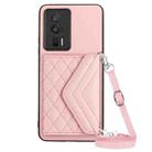 For Xiaomi Redmi K60 / K60 Pro Rhombic Texture Card Bag RFID Phone Case with Long Lanyard(Rose Gold) - 1