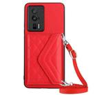 For Xiaomi Redmi K60 / K60 Pro Rhombic Texture Card Bag RFID Phone Case with Long Lanyard(Red) - 1