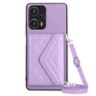 For Xiaomi Redmi Note 12 Turbo Rhombic Texture Card Bag RFID Phone Case with Long Lanyard(Light Purple) - 1