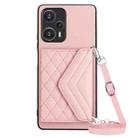 For Xiaomi Redmi Note 12 Turbo Rhombic Texture Card Bag RFID Phone Case with Long Lanyard(Rose Gold) - 1