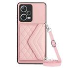 For Xiaomi Redmi Note 12 5G Rhombic Texture Card Bag RFID Phone Case with Long Lanyard(Rose Gold) - 1