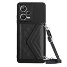 For Xiaomi Redmi Note 12 5G Rhombic Texture Card Bag RFID Phone Case with Long Lanyard(Black) - 1