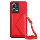 For Xiaomi Redmi Note 12 5G Rhombic Texture Card Bag RFID Phone Case with Long Lanyard(Red) - 1