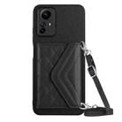 For Xiaomi Redmi Note 12S 4G Rhombic Texture Card Bag RFID Phone Case with Long Lanyard(Black) - 1