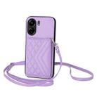 For Redmi 13C 4G Global Rhombic Texture Card Bag RFID Phone Case with Long Lanyard(Light Purple) - 1