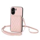 For Redmi 13C 4G Global Rhombic Texture Card Bag RFID Phone Case with Long Lanyard(Rose Gold) - 1