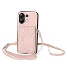 For Redmi Note 13 4G Global Rhombic Texture Card Bag RFID Phone Case with Long Lanyard(Rose Gold) - 1