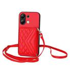 For Redmi Note 13 4G Global Rhombic Texture Card Bag RFID Phone Case with Long Lanyard(Red) - 1