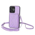 For Redmi Turbo 3 Rhombic Texture Card Bag RFID Phone Case with Long Lanyard(Light Purple) - 1