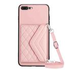 For iPhone 8 Plus / 7 Plus Rhombic Texture Card Bag RFID Phone Case with Long Lanyard(Rose Gold) - 1