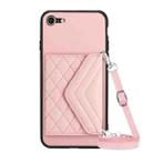 For iPhone SE 2022 / SE 2020 Rhombic Texture Card Bag RFID Phone Case with Long Lanyard(Rose Gold) - 1