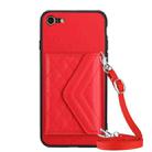 For iPhone SE 2022 / SE 2020 Rhombic Texture Card Bag RFID Phone Case with Long Lanyard(Red) - 1