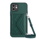 For iPhone 11 Rhombic Texture Card Bag RFID Phone Case with Long Lanyard(Green) - 1