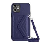 For iPhone 11 Rhombic Texture Card Bag RFID Phone Case with Long Lanyard(Dark Purple) - 1