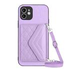 For iPhone 11 Rhombic Texture Card Bag RFID Phone Case with Long Lanyard(Light Purple) - 1