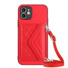 For iPhone 11 Rhombic Texture Card Bag RFID Phone Case with Long Lanyard(Red) - 1