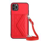 For iPhone 11 Pro Rhombic Texture Card Bag RFID Phone Case with Long Lanyard(Red) - 1