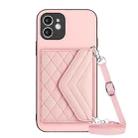 For iPhone 12 Rhombic Texture Card Bag RFID Phone Case with Long Lanyard(Rose Gold) - 1