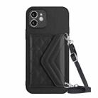 For iPhone 12 mini Rhombic Texture Card Bag RFID Phone Case with Long Lanyard(Black) - 1