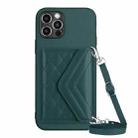 For iPhone 12 Pro Rhombic Texture Card Bag RFID Phone Case with Long Lanyard(Green) - 1