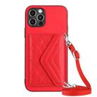 For iPhone 12 Pro Rhombic Texture Card Bag RFID Phone Case with Long Lanyard(Red) - 1