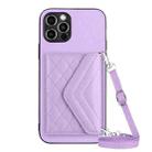 For iPhone 12 Pro Max Rhombic Texture Card Bag RFID Phone Case with Long Lanyard(Light Purple) - 1