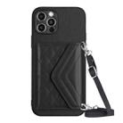 For iPhone 12 Pro Max Rhombic Texture Card Bag RFID Phone Case with Long Lanyard(Black) - 1