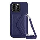 For iPhone 13 Pro Rhombic Texture Card Bag RFID Phone Case with Long Lanyard(Blue) - 1