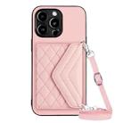 For iPhone 13 Pro Rhombic Texture Card Bag RFID Phone Case with Long Lanyard(Rose Gold) - 1