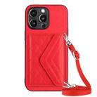 For iPhone 13 Pro Rhombic Texture Card Bag RFID Phone Case with Long Lanyard(Red) - 1