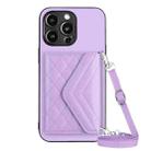 For iPhone 13 Pro Max Rhombic Texture Card Bag RFID Phone Case with Long Lanyard(Light Purple) - 1