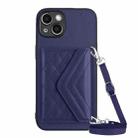 For iPhone 14 Rhombic Texture Card Bag RFID Phone Case with Long Lanyard(Dark Purple) - 1