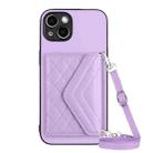 For iPhone 14 Rhombic Texture Card Bag RFID Phone Case with Long Lanyard(Light Purple) - 1