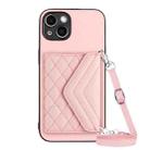 For iPhone 14 Rhombic Texture Card Bag RFID Phone Case with Long Lanyard(Rose Gold) - 1