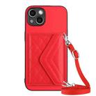 For iPhone 14 Rhombic Texture Card Bag RFID Phone Case with Long Lanyard(Red) - 1