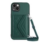 For iPhone 14 Plus Rhombic Texture Card Bag RFID Phone Case with Long Lanyard(Green) - 1