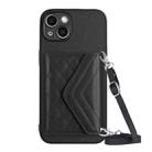 For iPhone 14 Plus Rhombic Texture Card Bag RFID Phone Case with Long Lanyard(Black) - 1