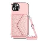 For iPhone 15 Rhombic Texture Card Bag RFID Phone Case with Long Lanyard(Rose Gold) - 1