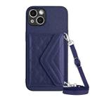 For iPhone 15 Plus Rhombic Texture Card Bag RFID Phone Case with Long Lanyard(Dark Purple) - 1