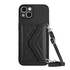 For iPhone 15 Plus Rhombic Texture Card Bag RFID Phone Case with Long Lanyard(Black) - 1