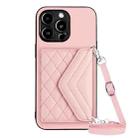For iPhone 15 Pro Rhombic Texture Card Bag RFID Phone Case with Long Lanyard(Rose Gold) - 1