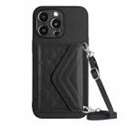 For iPhone 15 Pro Rhombic Texture Card Bag RFID Phone Case with Long Lanyard(Black) - 1