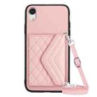 For iPhone XR Rhombic Texture Card Bag RFID Phone Case with Long Lanyard(Rose Gold) - 1