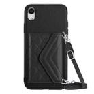 For iPhone XR Rhombic Texture Card Bag RFID Phone Case with Long Lanyard(Black) - 1