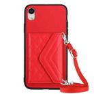 For iPhone XR Rhombic Texture Card Bag RFID Phone Case with Long Lanyard(Red) - 1