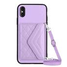 For iPhone XS Max Rhombic Texture Card Bag RFID Phone Case with Long Lanyard(Light Purple) - 1